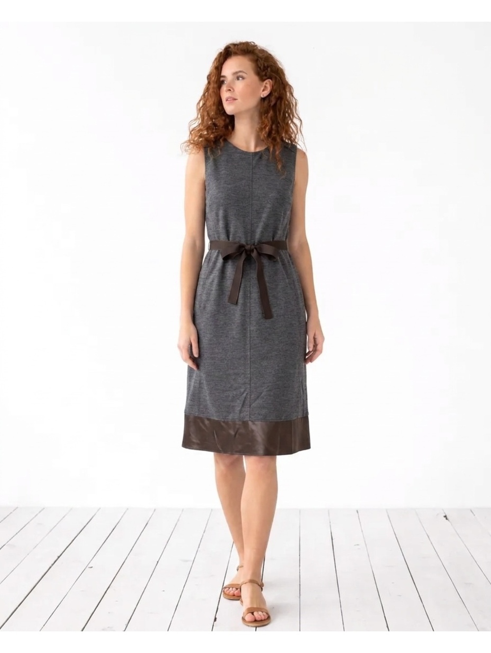 Lida Baday Wool Blend Sleeveless Sheath Dress Silk Trim & Tie Belt Gray/Brown 8